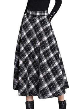 Women's Winter Warm Elastic Waist Wool Plaid A-Line Pleated Long Skirt